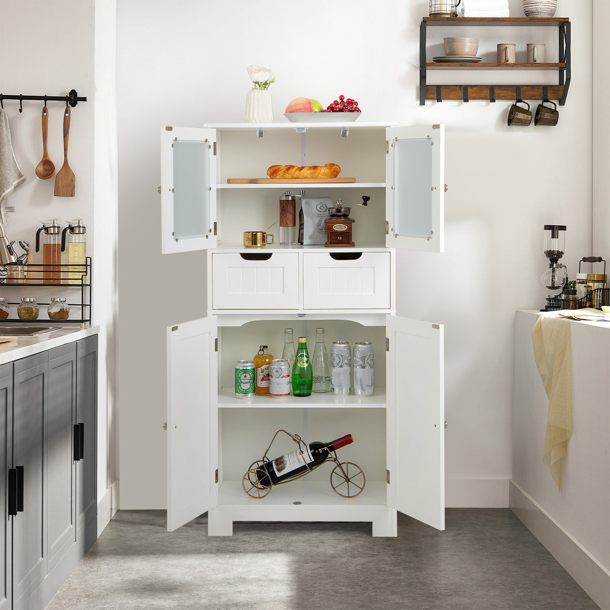 Floor Storage Cabinet with 2 Glass Doors, 2 Drawers and Adjustable Shelves-White