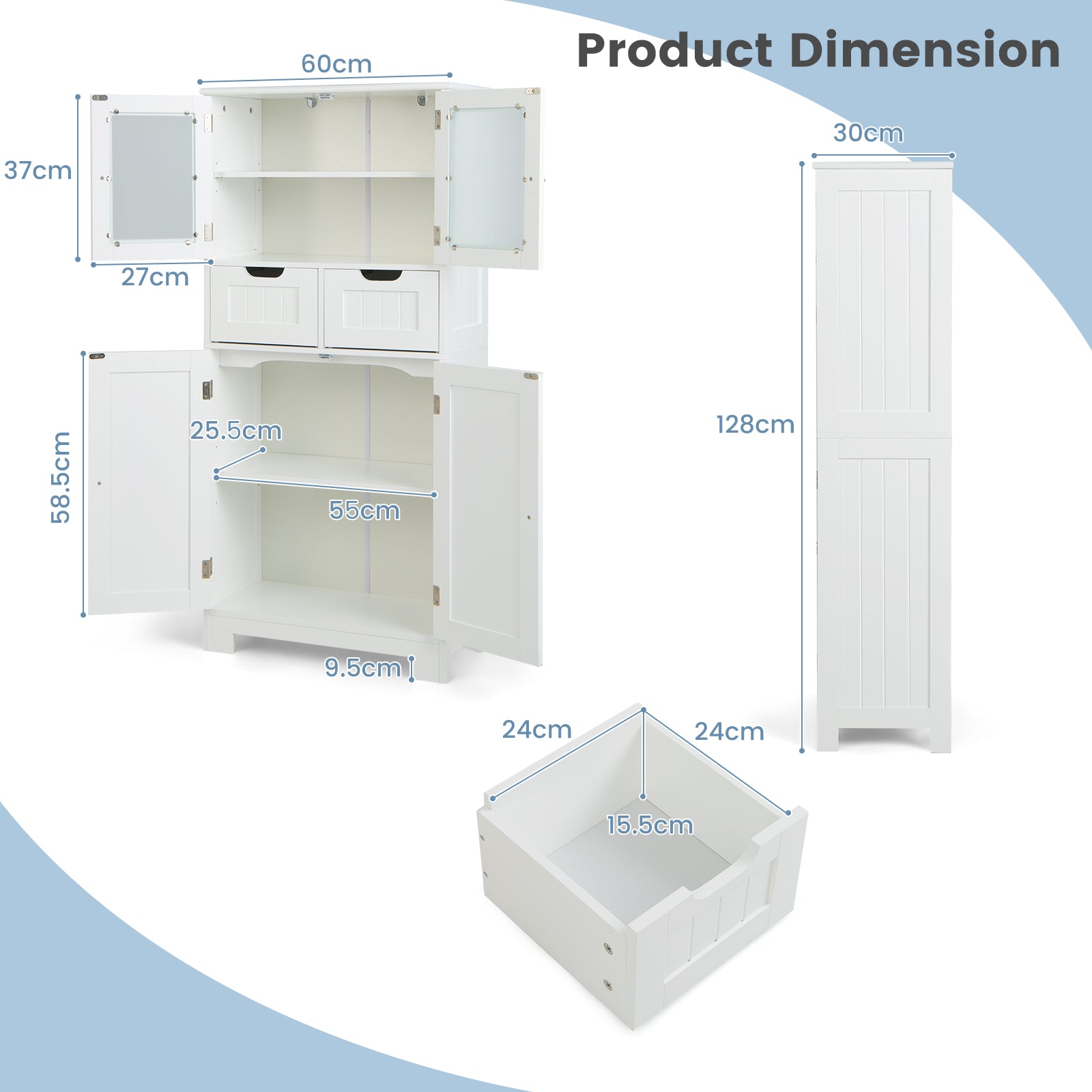 Floor Storage Cabinet with 2 Glass Doors, 2 Drawers and Adjustable Shelves-White