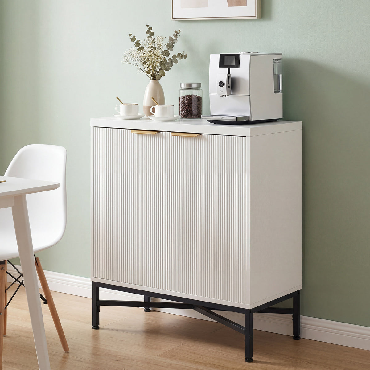 Fluted Sideboard Buffet Cabinet with 2 Doors and Adjustable Shelf-White