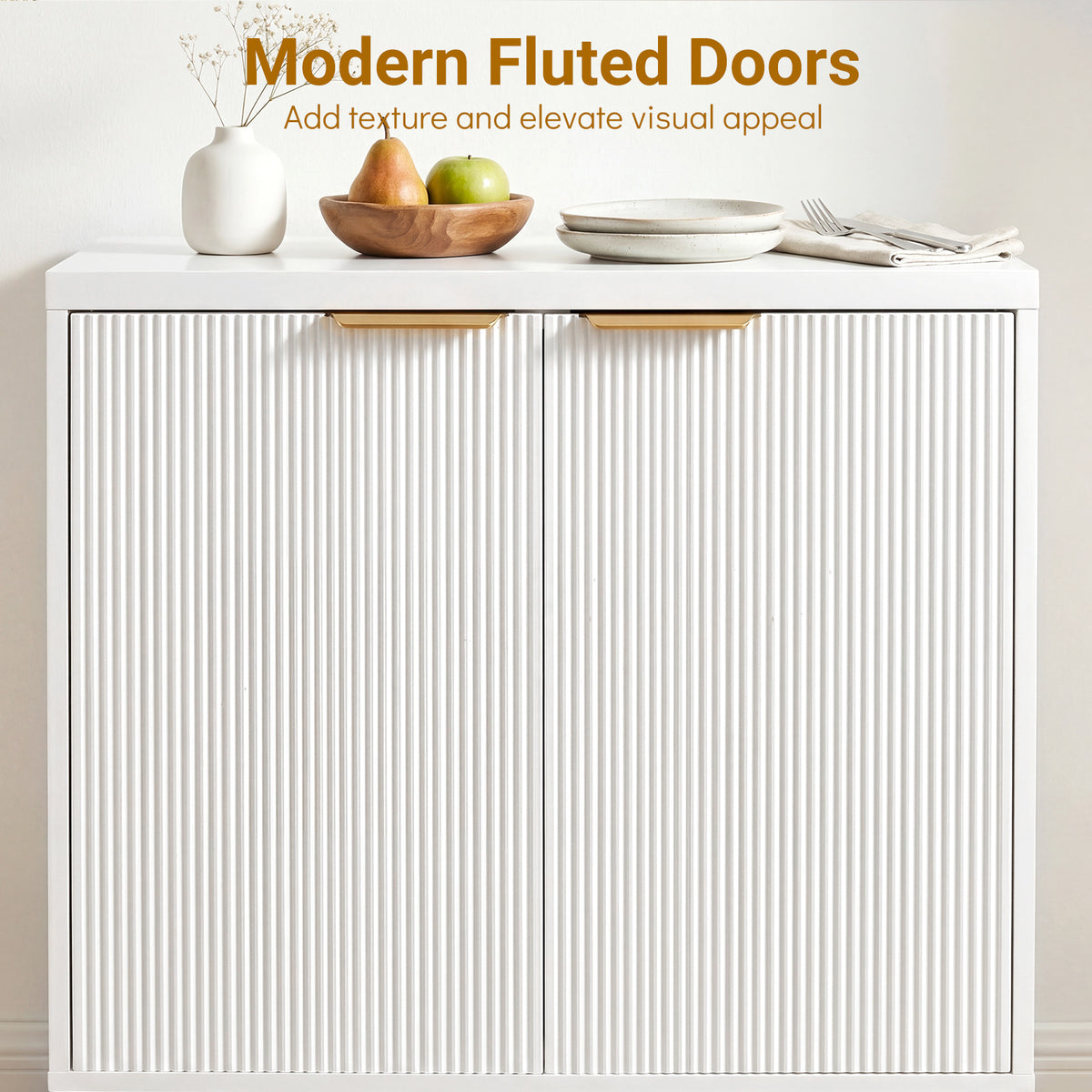 Fluted Sideboard Buffet Cabinet with 2 Doors and Adjustable Shelf-White