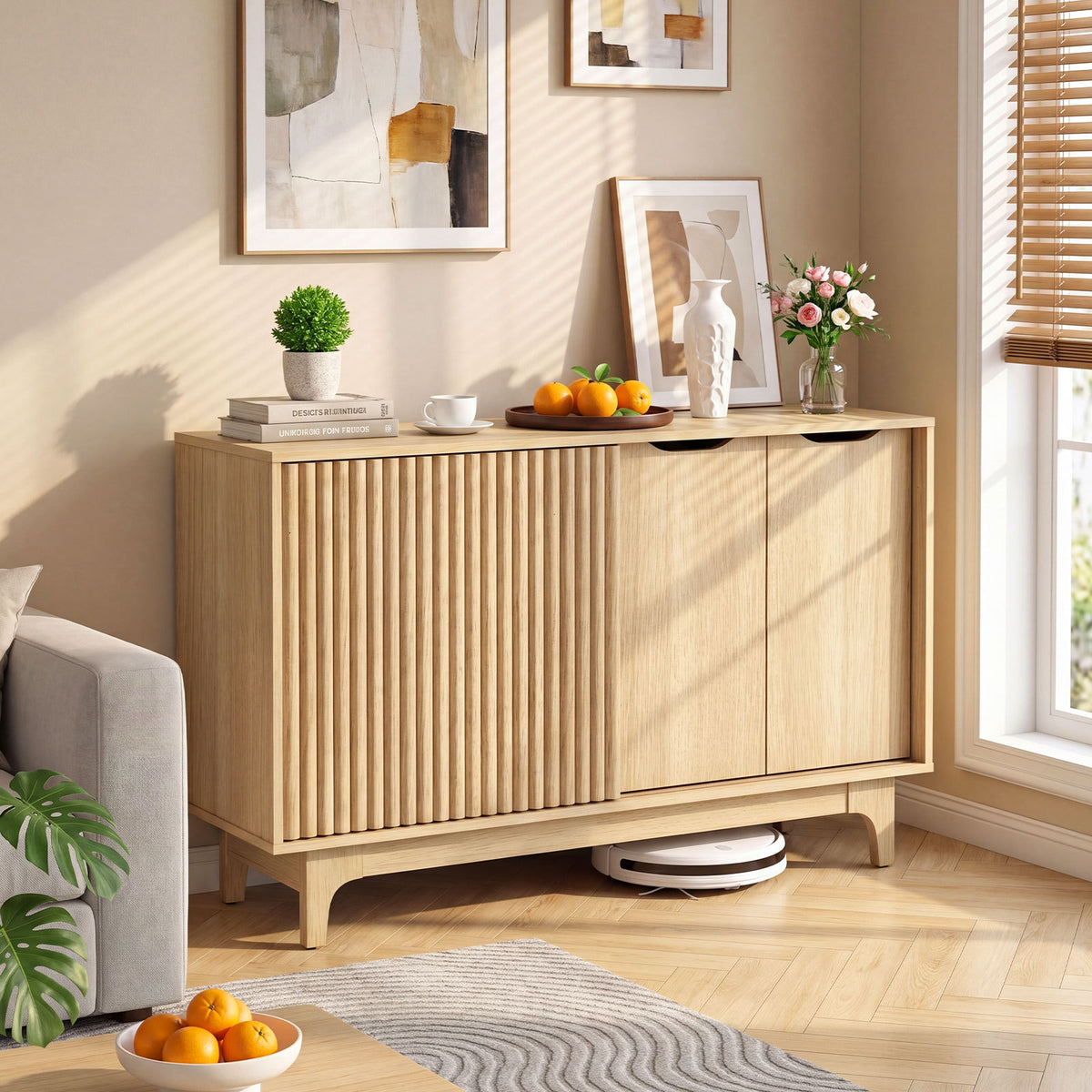 Fluted Sideboard with Adjustable Shelves and Sliding Door for Living Room-Natural