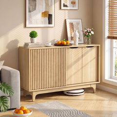 Fluted Sideboard with Adjustable Shelves and Sliding Door for Living Room-Natural