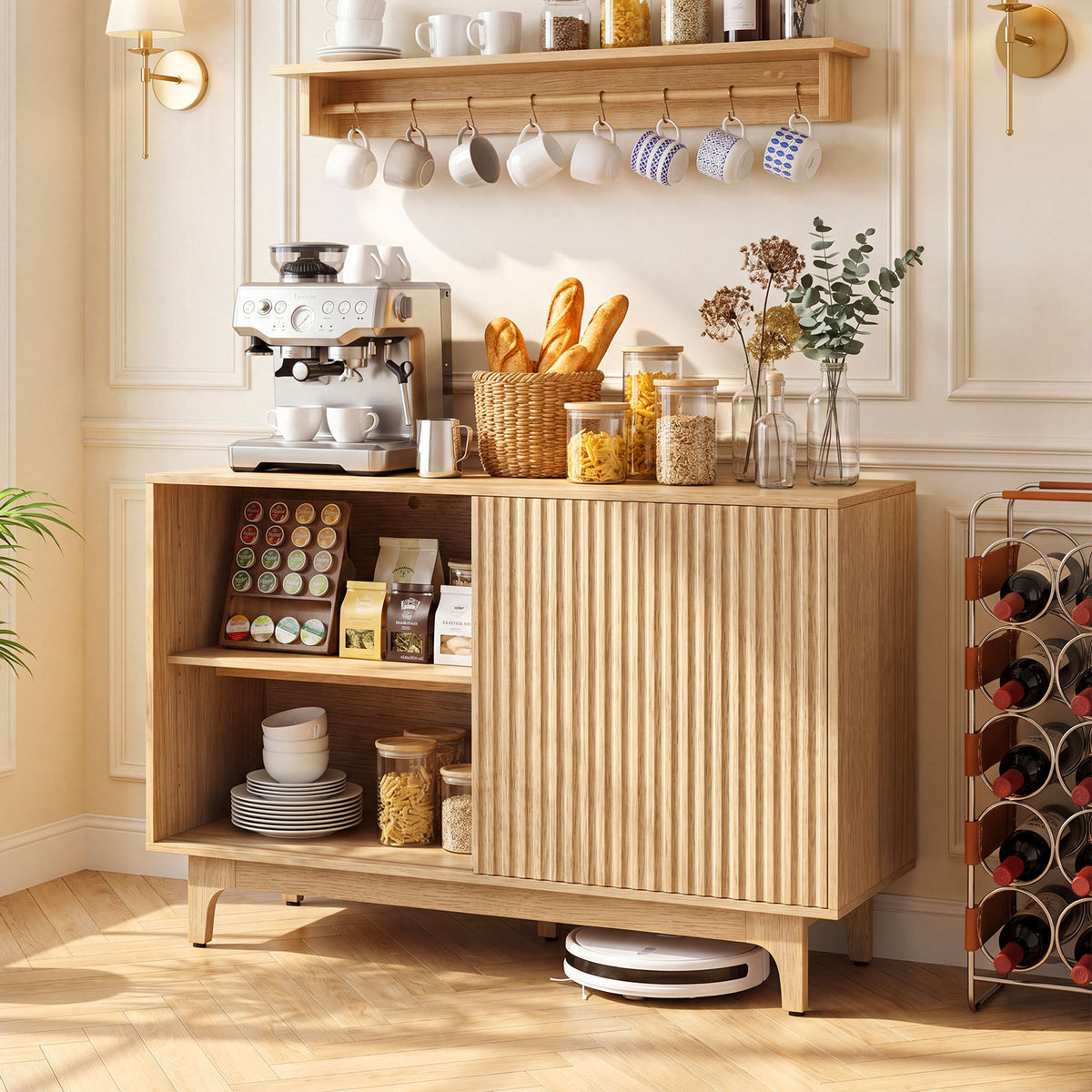 Fluted Sideboard with Adjustable Shelves and Sliding Door for Living Room-Natural