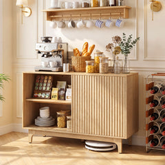 Fluted Sideboard with Adjustable Shelves and Sliding Door for Living Room-Natural