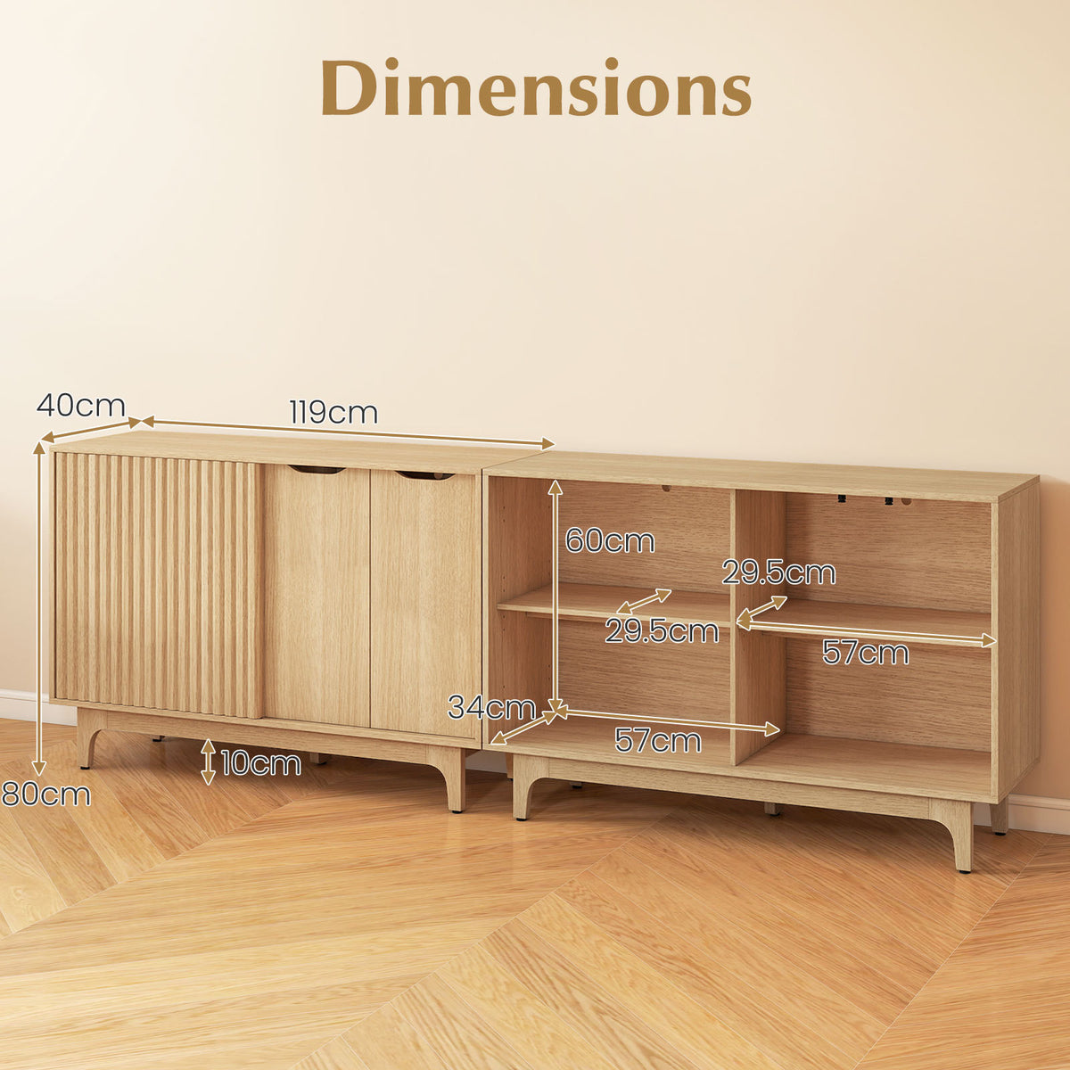 Fluted Sideboard with Adjustable Shelves and Sliding Door for Living Room-Natural
