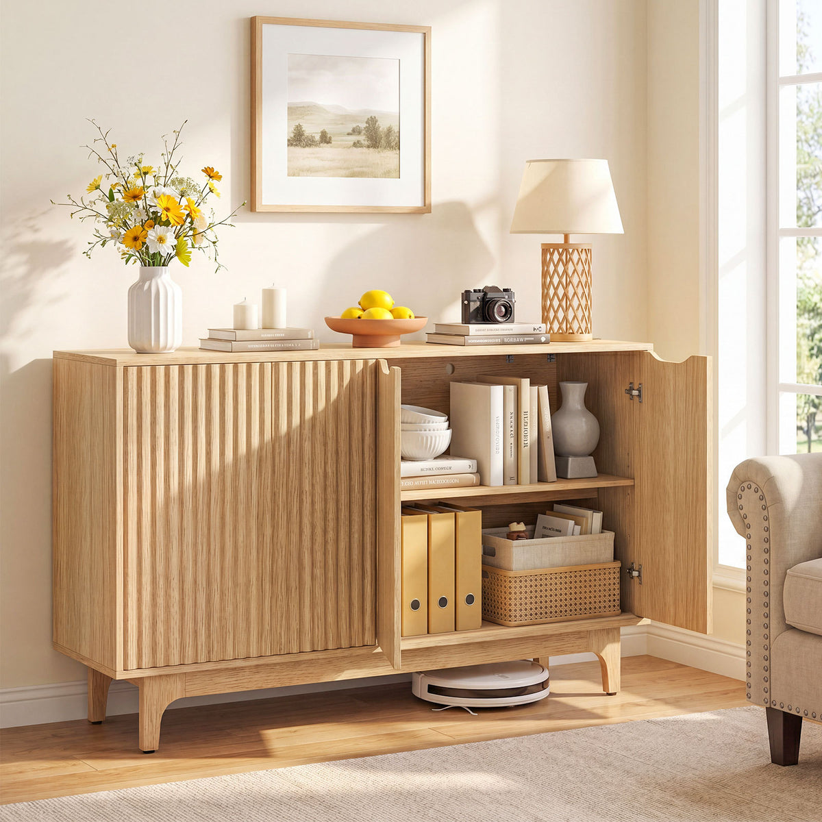 Fluted Sideboard with Adjustable Shelves and Sliding Door for Living Room-Natural