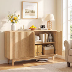 Fluted Sideboard with Adjustable Shelves and Sliding Door for Living Room-Natural