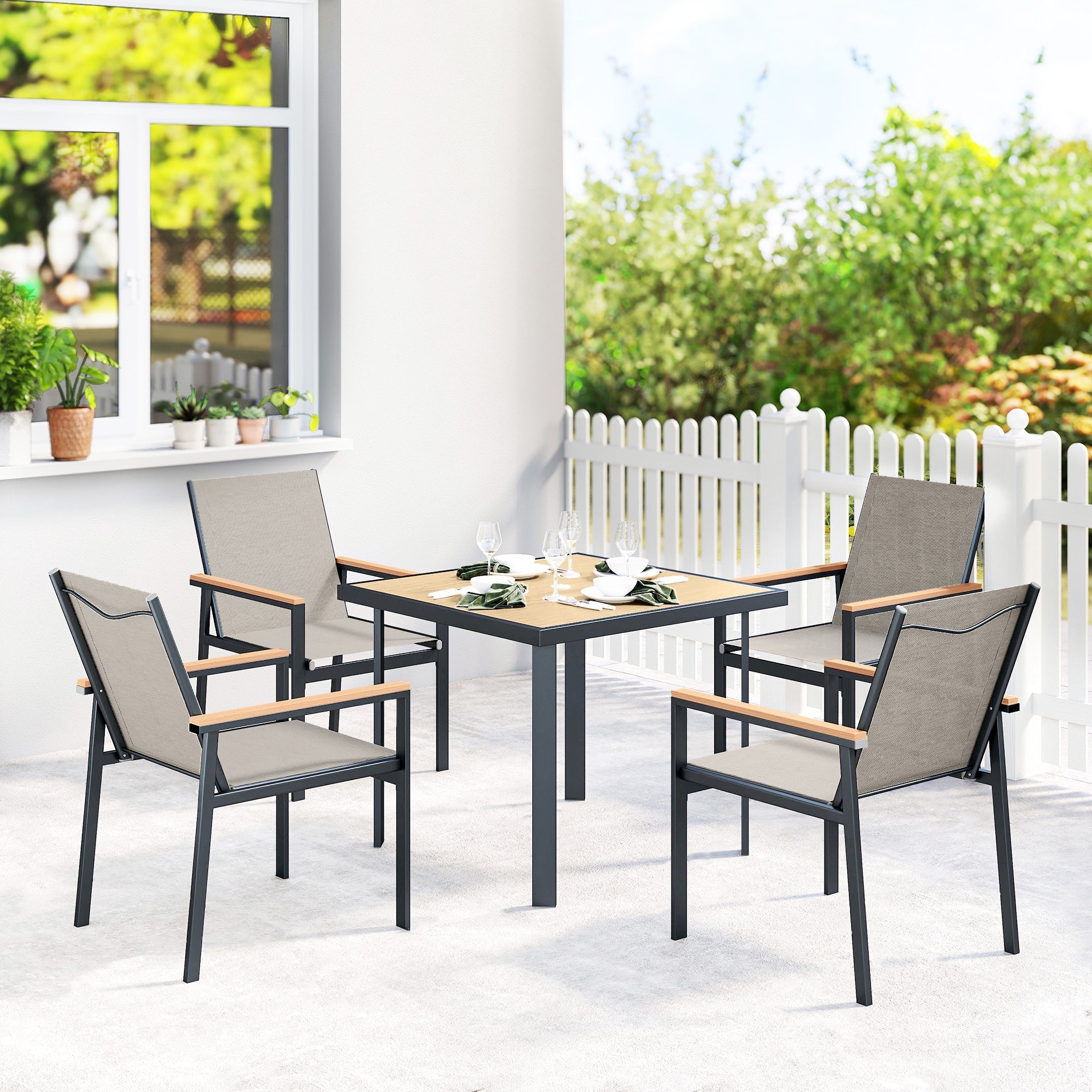 Outsunny Five-Piece Metal Dining Set, with Glass-Top Table - Khaki