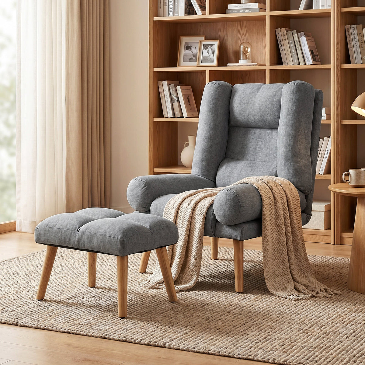 HOMCOM Recliner Chair with Footstool, Recliner Armchair with Adjustable Backrest, Thick Cushion and Wooden Legs, Grey