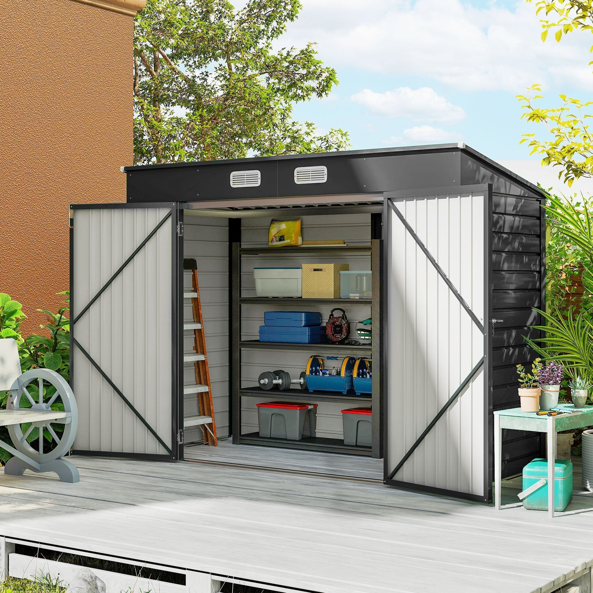 Outsunny 3.7 x 7.9ft Galvanised Steel Shed, with Latched Door and Padlock - Grey