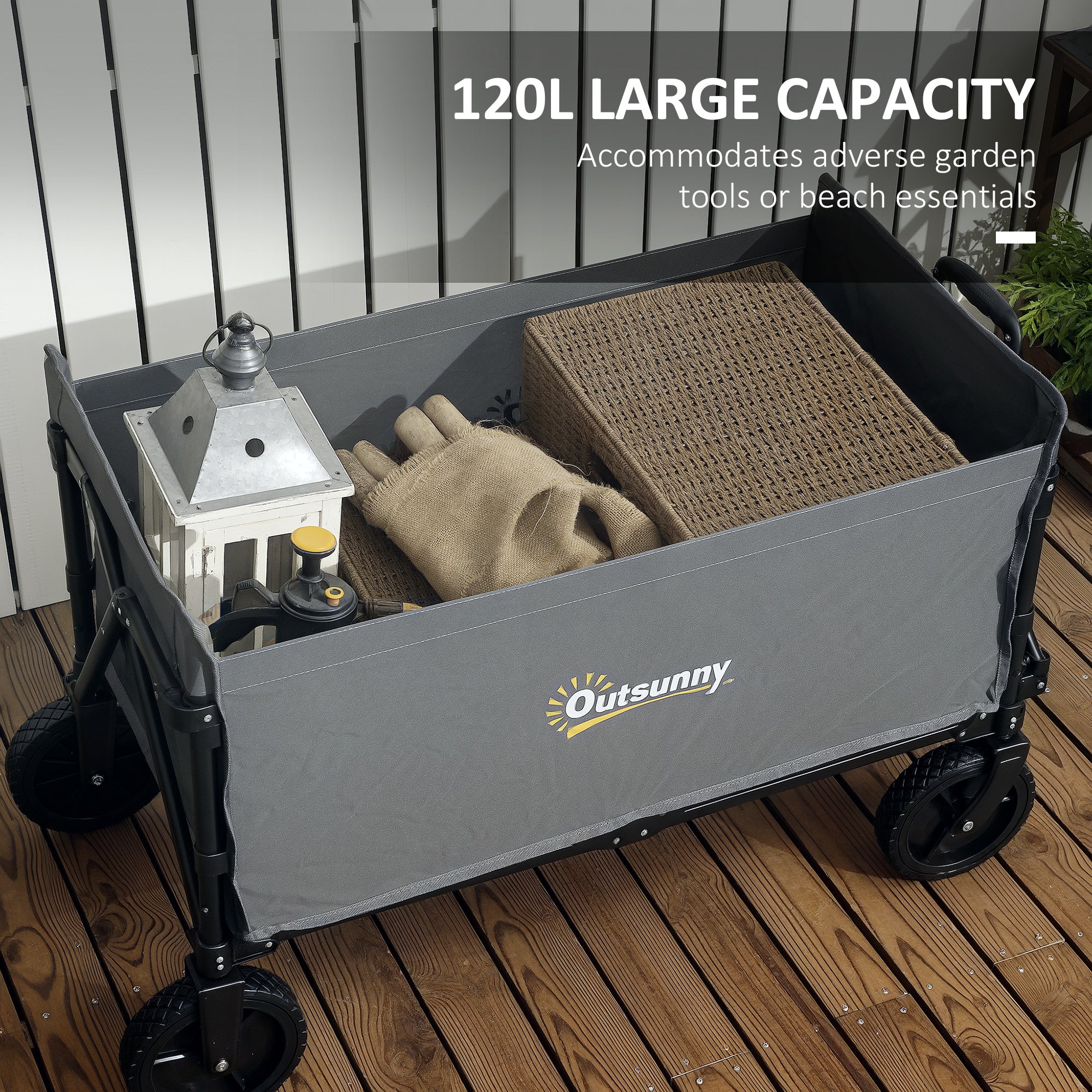 Outsunny 120L Festival Trolley on Wheels, Folding & Compact Camping Trolley Cart with Adjustable Handle for Garden, Beach, Fishing, Grey