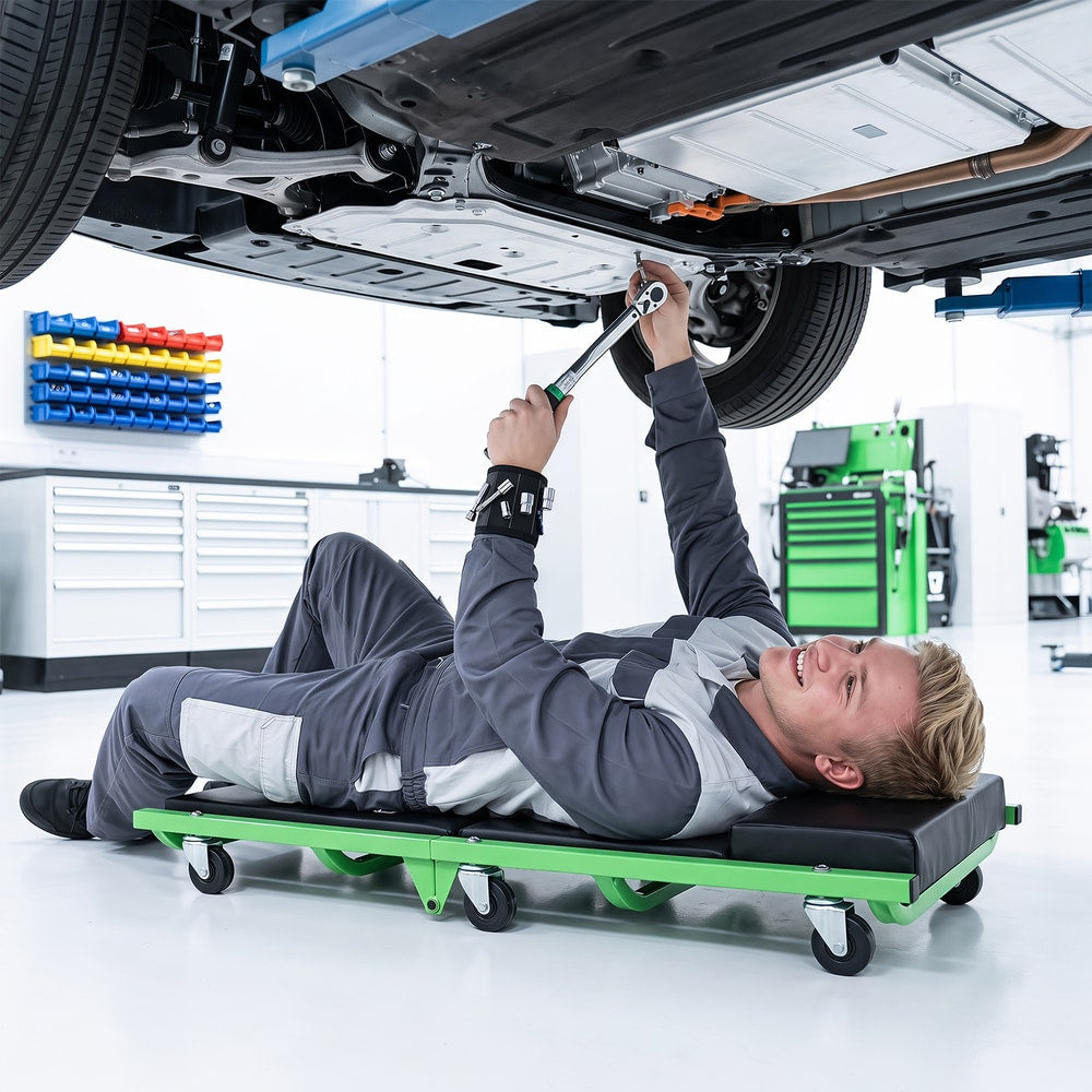 Man working on car underside while lying on a green creeper