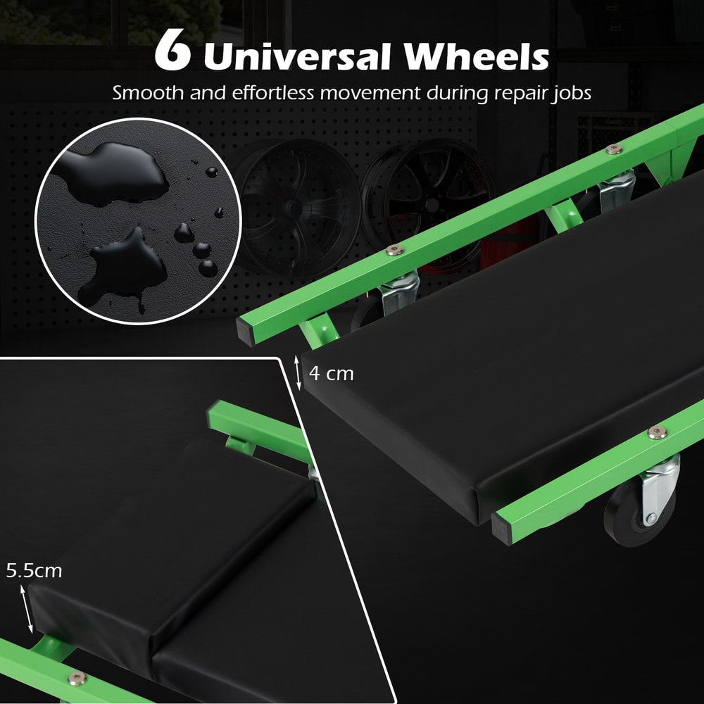 Close up of the thick cushion and wheels of the creeper