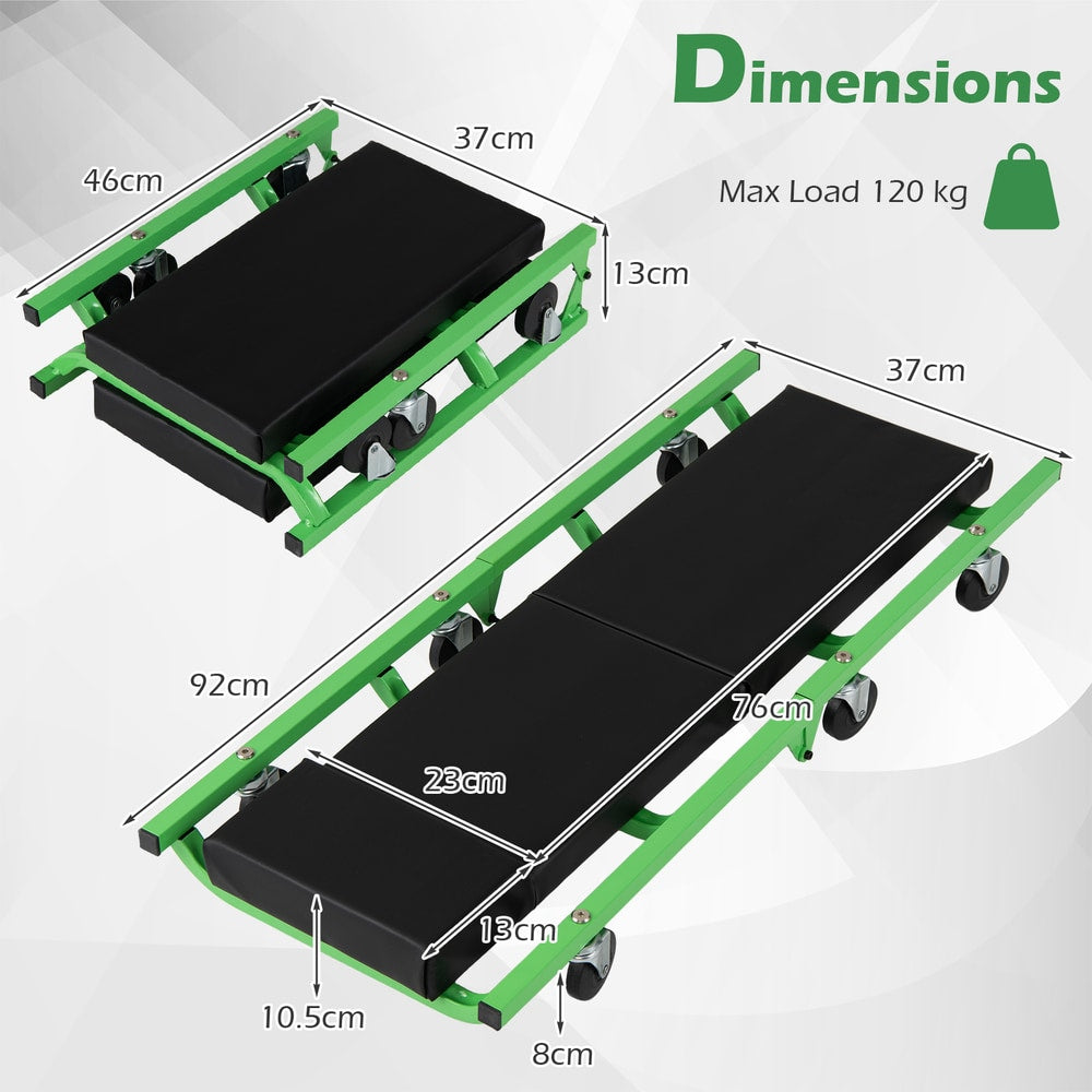 Dimensions diagram for the green foldable automotive creeper