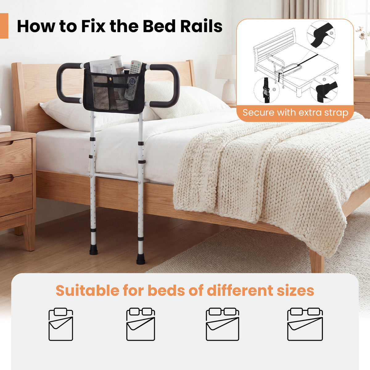 Foldable Bed Rail for Seniors Bed Rail for Elderly Adults Safety with Adjustable Width and Height-White