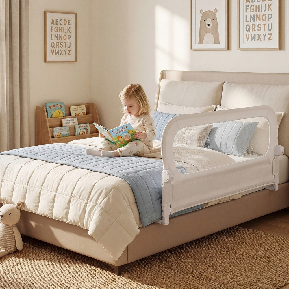 The bed rail installed on a double bed while a child sits reading a book