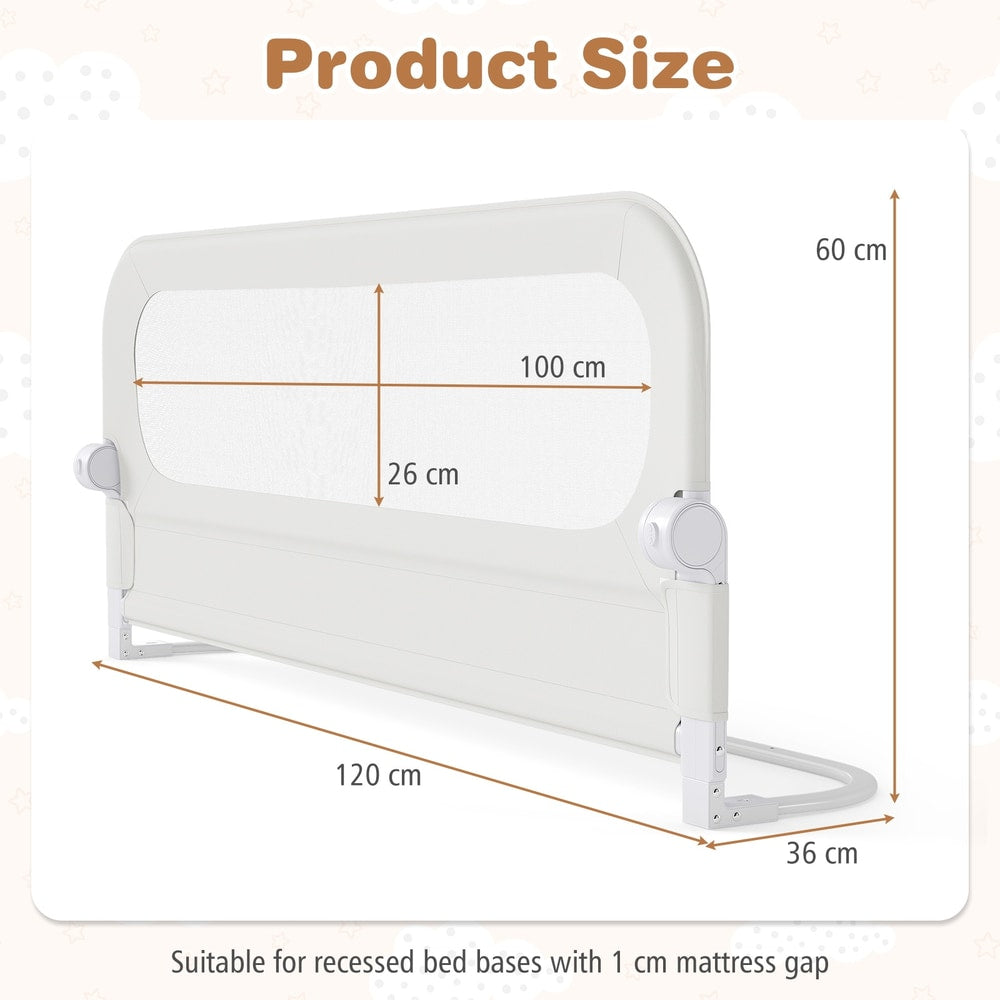 The bed rail shown with technical lines indicating the product dimensions