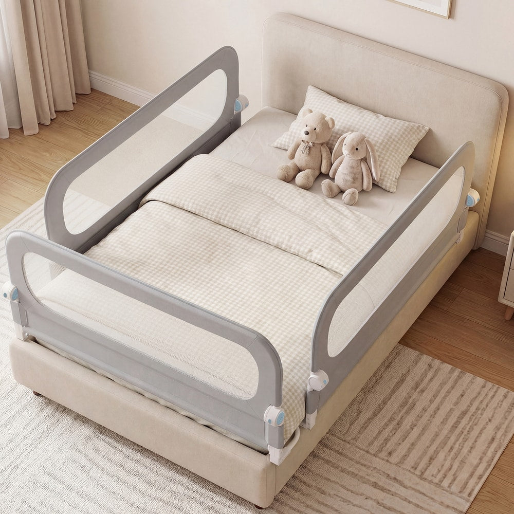The bed rails installed on both sides of a double bed with soft toys