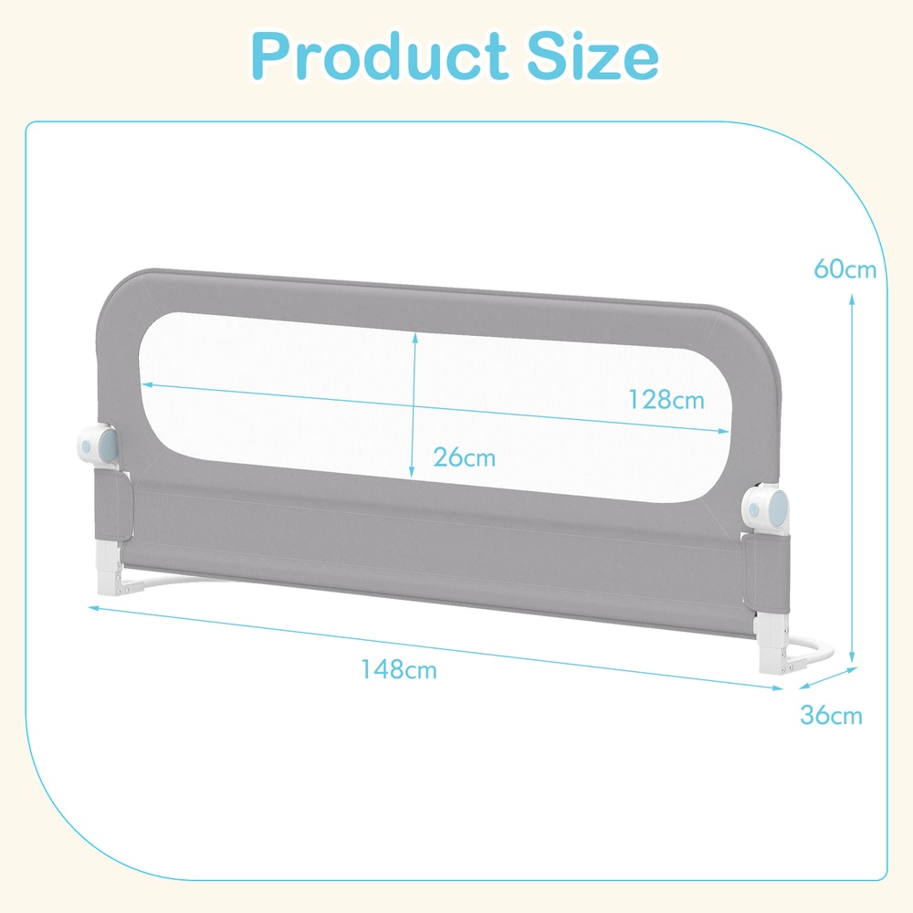 The bed rail showing dimensions with arrows on a plain background