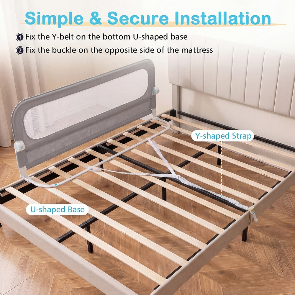 The bed rail showing the installation of the base and securing straps