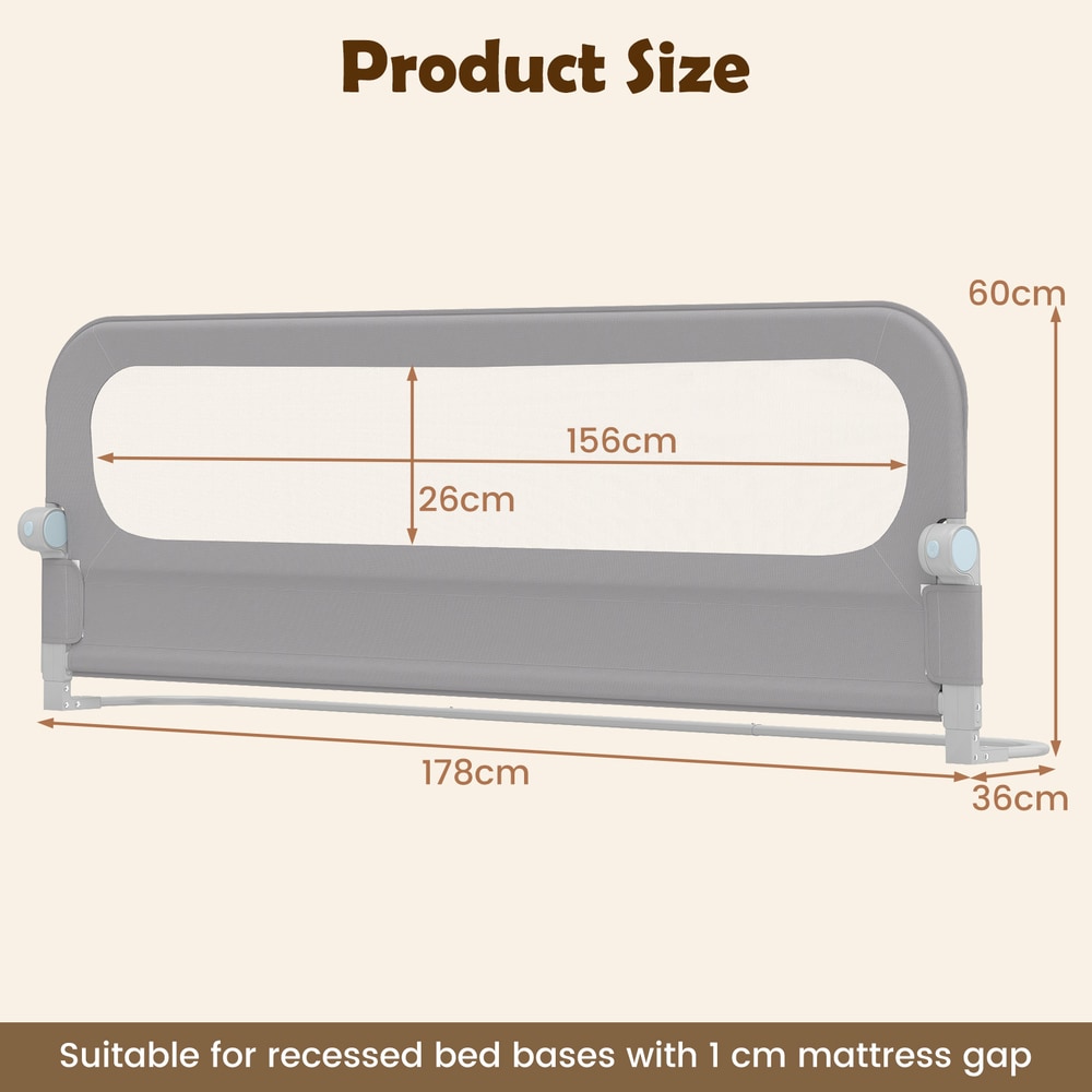 Diagram showing the dimensions of the grey foldable bed rail for toddlers