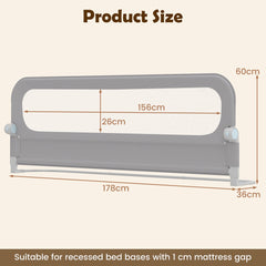 Diagram showing the dimensions of the grey foldable bed rail for toddlers