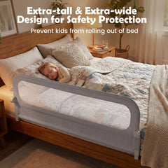 The bed rail installed on a bed with a sleeping child, highlighting safety