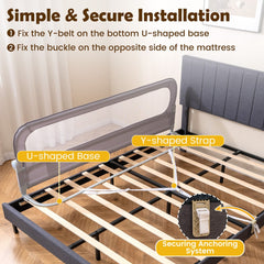 Diagram showing how to install the bed rail with Y-belt and securing anchoring strap