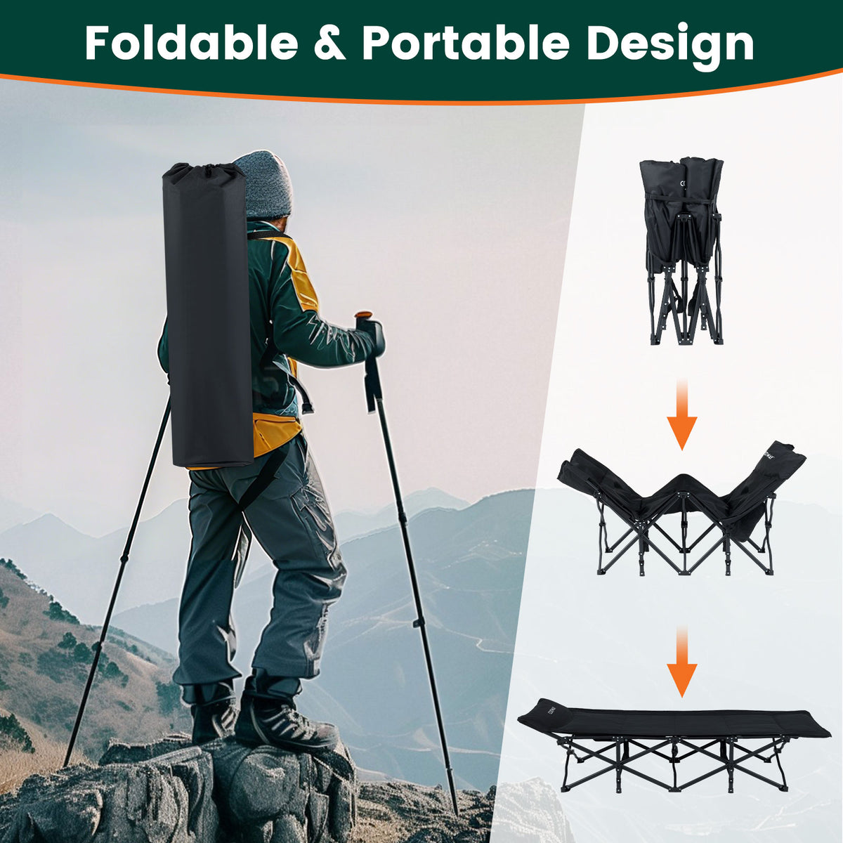 Foldable Camping Cot for Adults Heavy Duty Sleeping Bed with Slanted Headrest-Black