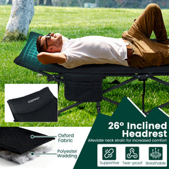 Foldable Camping Cot for Adults Heavy Duty Sleeping Bed with Slanted Headrest-Black