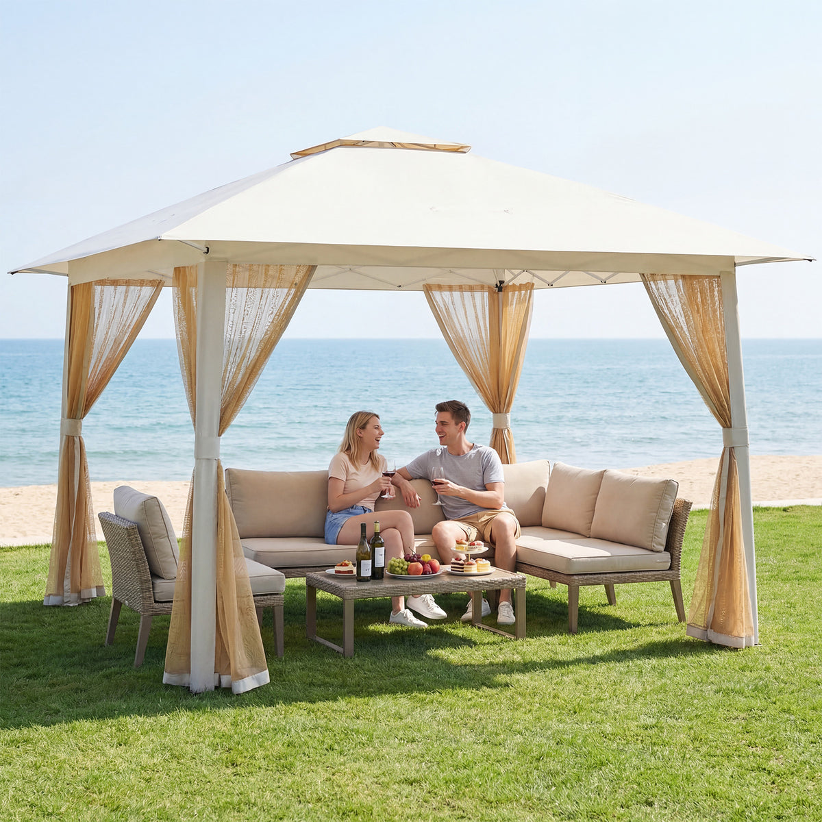Foldable Canopy Tent with Mesh Netting and Double Roof-Beige