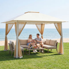 Foldable Canopy Tent with Mesh Netting and Double Roof-Beige