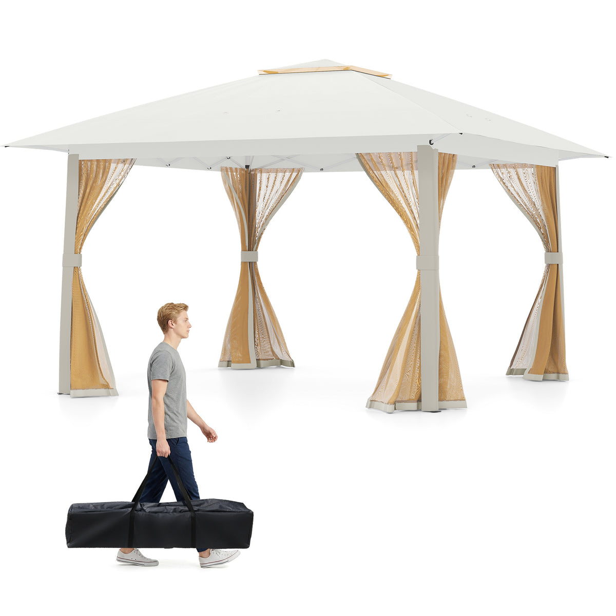 Foldable Canopy Tent with Mesh Netting and Double Roof-Beige