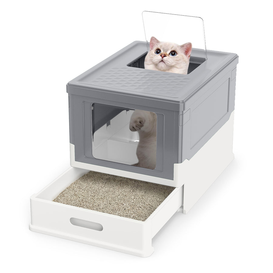 Foldable Cat Litter Box with Lid Large Fully Enclosed Cat Toilet with Front Entry and Flip Top Exit-Grey