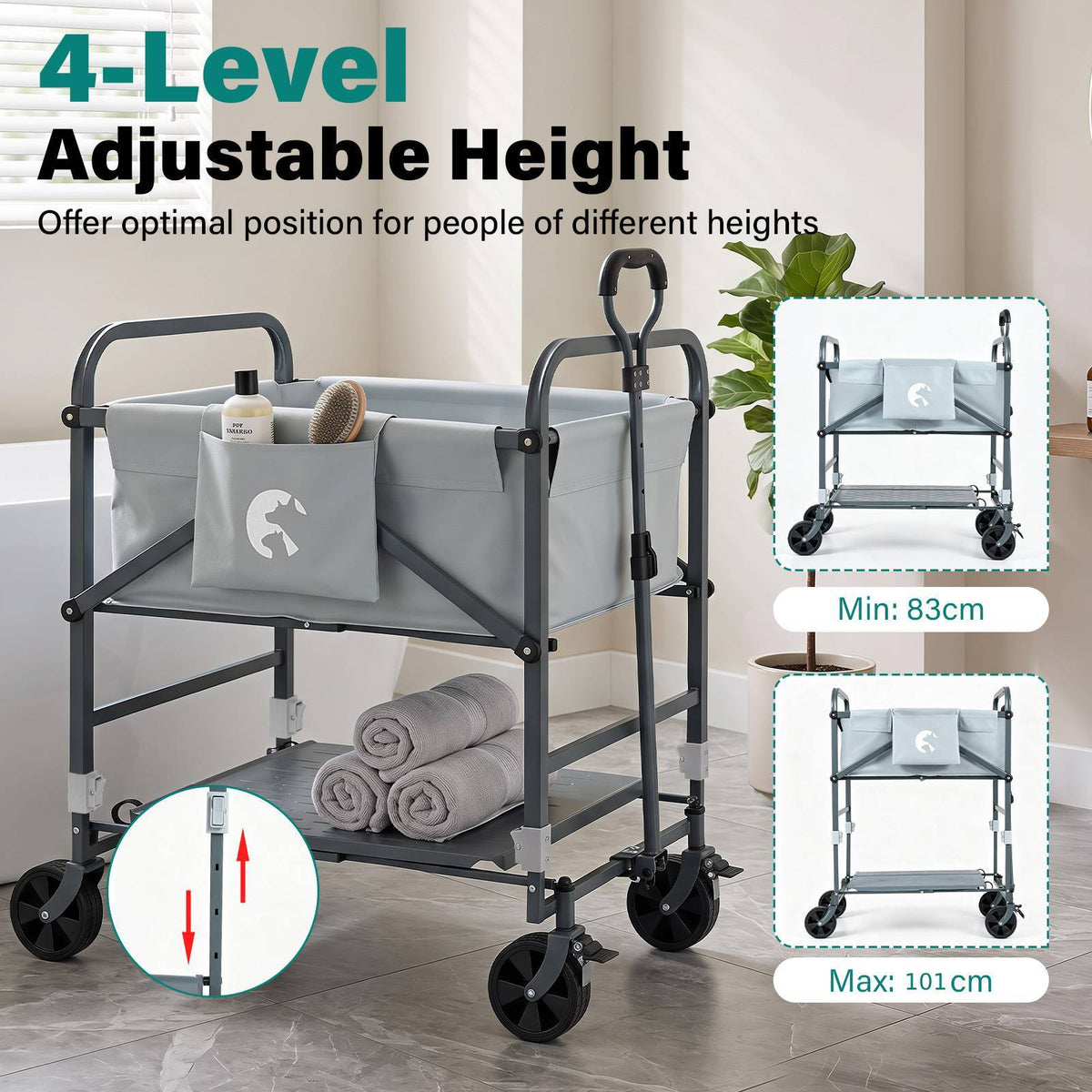 Foldable Dog Bath Cart with Adjustable Height and 4 Wheels for Pets-Black + Grey
