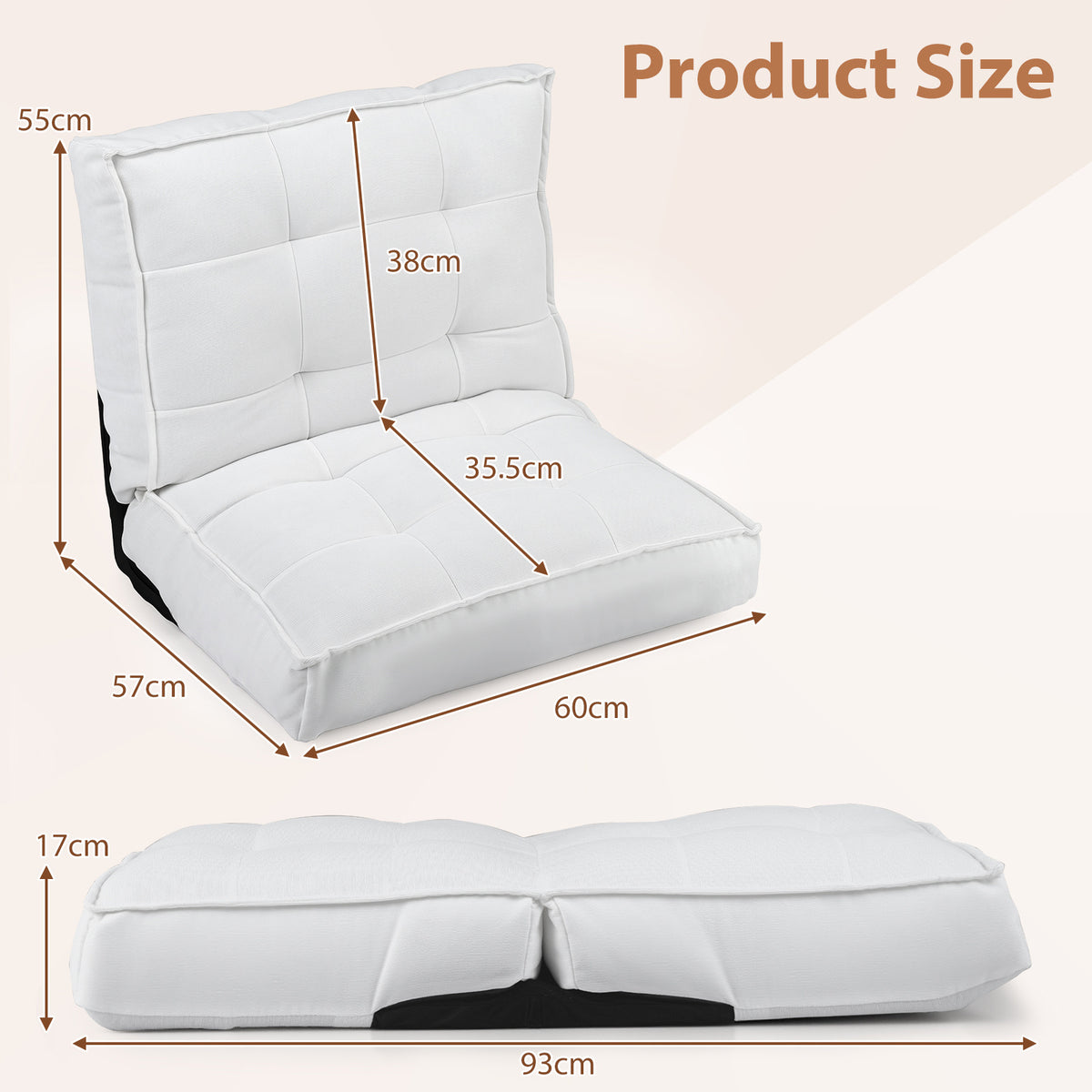 Foldable Floor Chair with Reclining Backrest and Foam Filling-White