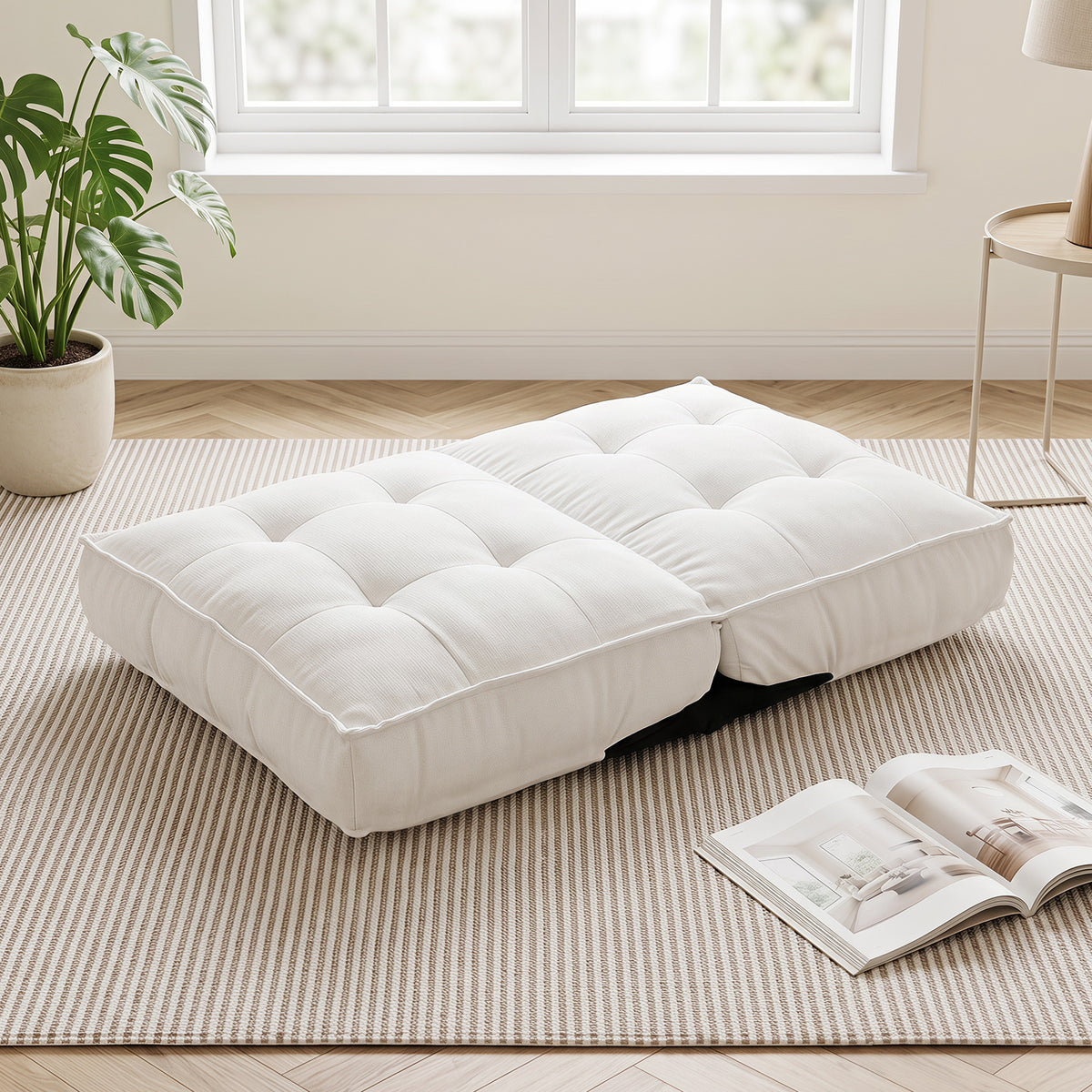 Foldable Floor Chair with Reclining Backrest and Foam Filling-White