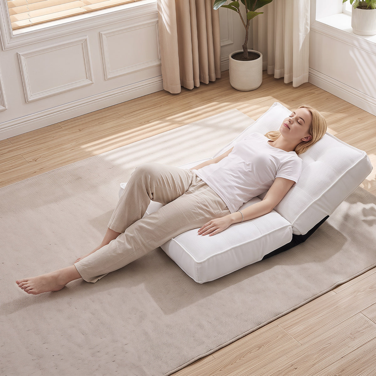Foldable Floor Chair with Reclining Backrest and Foam Filling-White