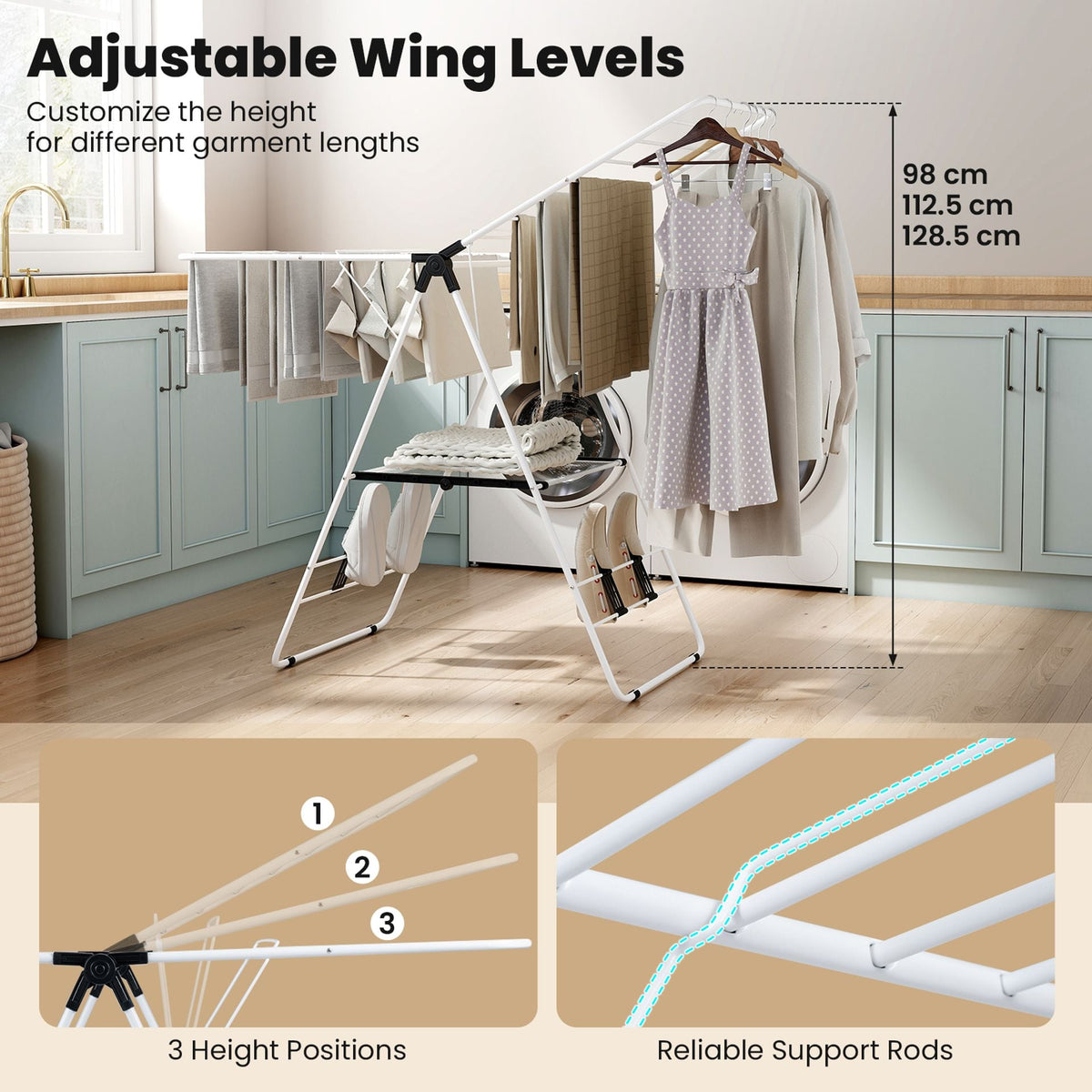 Foldable Gullwing Clothes Drying Rack with 142 cm Adjustable Wings