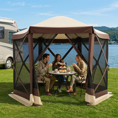 Foldable Hexagonal Gazebo with 6 Mosquito Net Sides and Zipped Door with Carry Bag-Brown single size