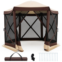 Foldable Hexagonal Gazebo with 6 Mosquito Net Sides and Zipped Door with Carry Bag-Brown single size