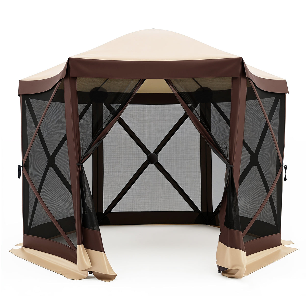 Foldable Hexagonal Gazebo with 6 Mosquito Net Sides and Zipped Door with Carry Bag-Brown single size