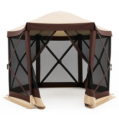 Foldable Hexagonal Gazebo with 6 Mosquito Net Sides and Zipped Door with Carry Bag-Brown single size