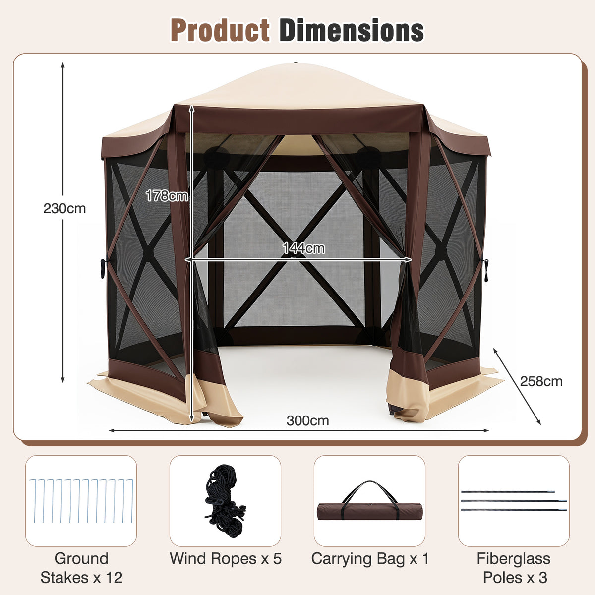 Foldable Hexagonal Gazebo with 6 Mosquito Net Sides and Zipped Door with Carry Bag-Brown single size