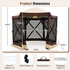 Foldable Hexagonal Gazebo with 6 Mosquito Net Sides and Zipped Door with Carry Bag-Brown single size