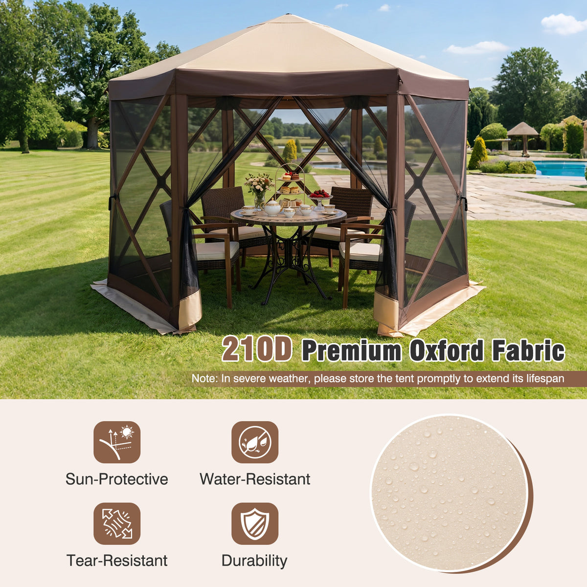 Foldable Hexagonal Gazebo with 6 Mosquito Net Sides and Zipped Door with Carry Bag-Brown single size