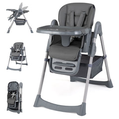 Foldable High Chair with 7-Level Height Adjustment for Babies and Toddlers-Grey