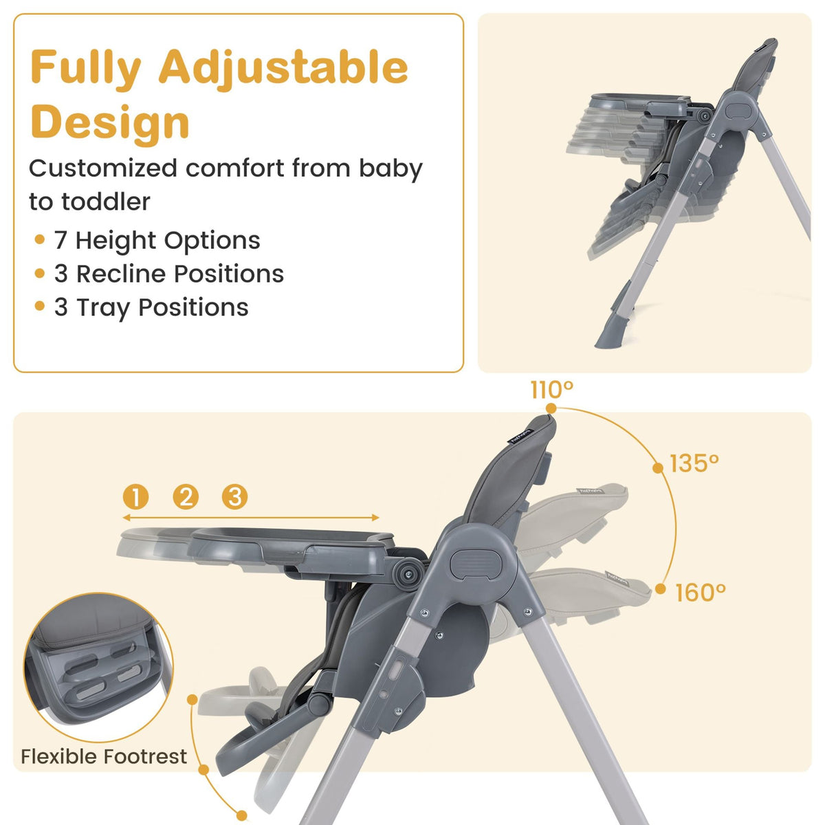 Foldable High Chair with 7-Level Height Adjustment for Babies and Toddlers-Grey