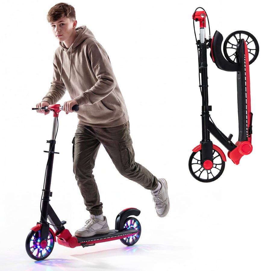 Foldable Kick Scooter with 2 Light-up Wheels and Rear Brake-Red