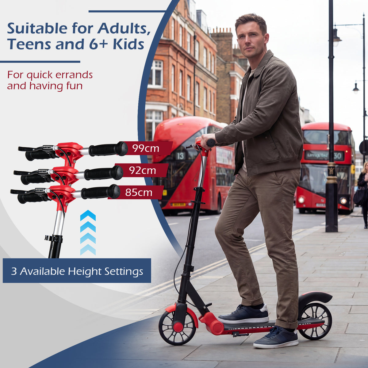 Foldable Kick Scooter with 2 Light-up Wheels and Rear Brake-Red